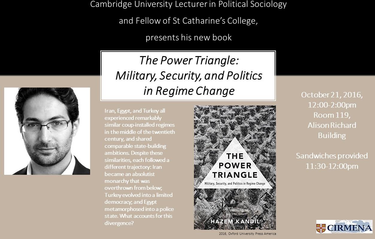 Hazem Kandil presents his new book:  'The Power Triangle:  Military, Security, and Politics  in Regime Change'.    ARB, room 119, October 21, 12-2pm